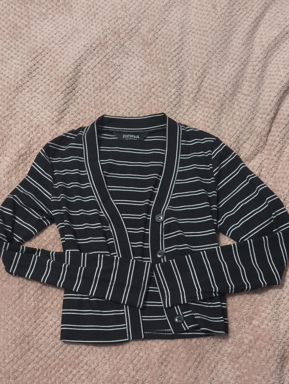 Disturbia Black & White Striped Slim Button Cardigan